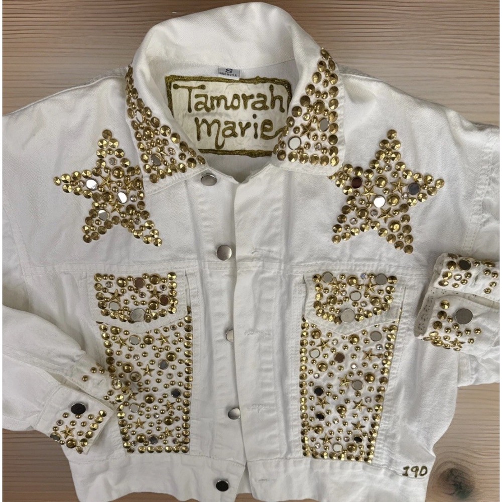 Vintage Tamorah Marie Studded Denim Jacket Womens S White‎ Embellished 90s USA